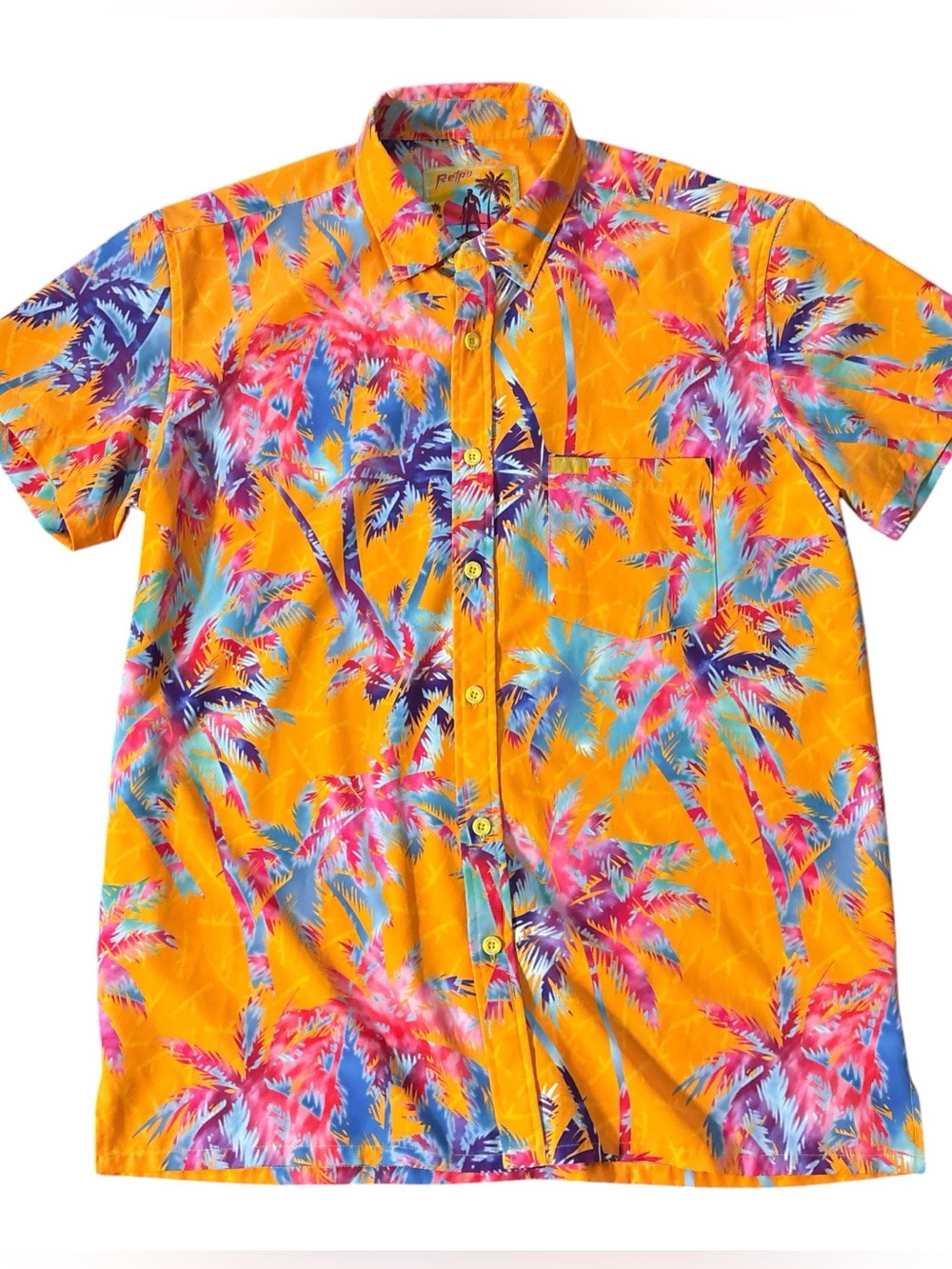 Retro Rifle AKs and Vacays Orange Short-Sleeve Button-Up Palm Print Shirt L